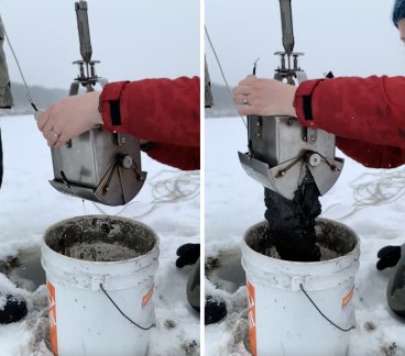 Ekman dredge dumping mud into a five gallon bucket on a frozen lake