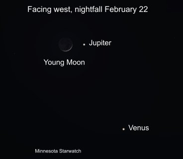 Venus, Jupiter, Young Moon, facing west at nightfall on February 22