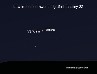 Venus and Saturn, low in the southwest, nightfall January 22nd