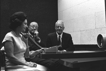 Lady Bird Johnson uses the Picturephone to make a call from Washington, DC to New York City.