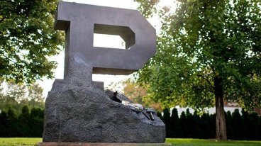 A dark grey rock with a large block-letter 'P' carved out of it