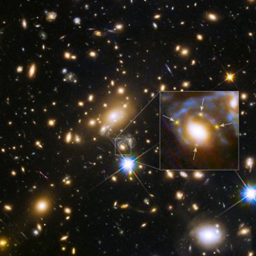 Four images of Supernova (SN) Refsdal, the first multiply imaged, strongly lensed SN.