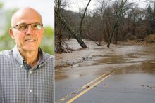 Image of Professor John Gulliver side-by-side with a stock image of flooding.