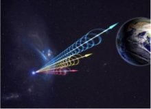 An artist's impression of a fast radio burst (FRB) reaching Earth, with colors signifying different wavelengths.