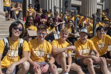 Group of first-year students on steps of Northrop