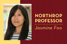Photo of Jasmine Foo on Maroon and Gold background; "Northrop Professor"