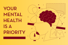 Maroon mental health graphic on a gold background