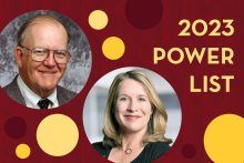 Maroon and gold Power List graphic with 2 headshot photographs