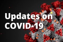 COVID-19 virus with overlaid text that says Updates on COVID-19