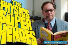 Comic book image of James Kakalios with pipe in his mouth looking at his book
