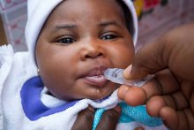 A baby receiving oral vaccine