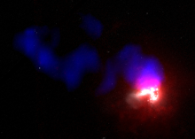 Image of the galaxy Haro 11. The stars in the galaxy, shown in white, is surrounded by a halo of ionized gas in red. The newly imaged neutral Hydrogen gas, shown in blue, has been displaced during an interaction between two galaxies that resulted in the creation of Haro 11.
