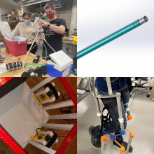 Collage of BME research innovations: STudents working in lab, a CAD drawing of a cylindrical medical device, LEGO prototype of a simulator, and an assistive device attached to someone's leg.