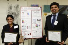 Chemical engineering Ph.D. candidates Kristeen Esther Joseph and Saurabh Maduskar posing with award