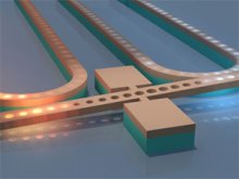 This illustration of a nanoscale seesaw for light shows two photonic crystal cavities on the seesaw beam, one on each side