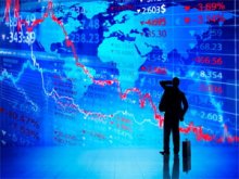graphic of man standing in front of blue world map with stock market numbers