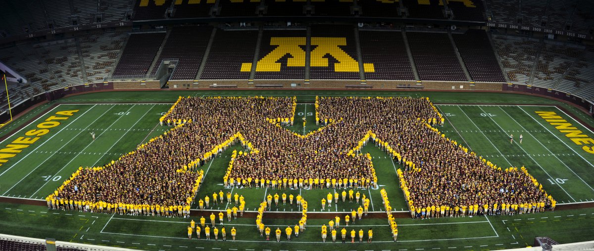Minnesota "M" spelled out on Football field by graduates and the number 2021