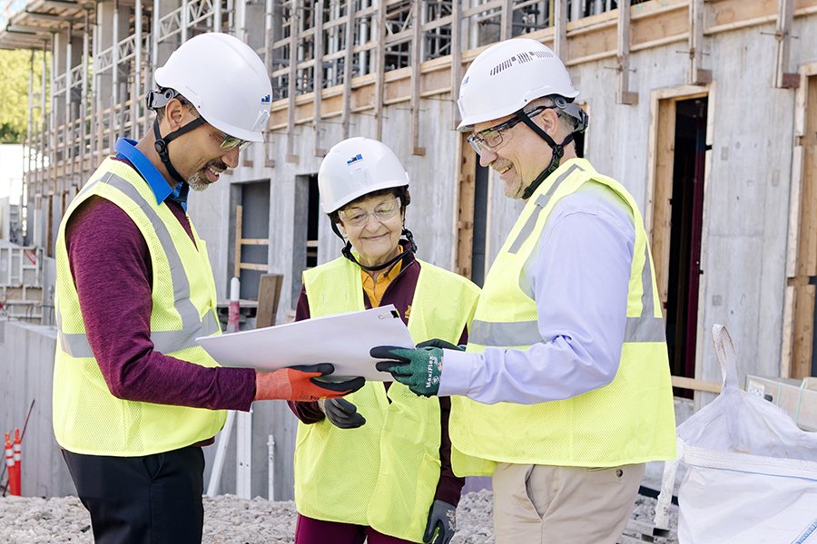 Françoise deRochefort Thompson in front of the new Chemistry Undergraduate Teaching Labs construction site