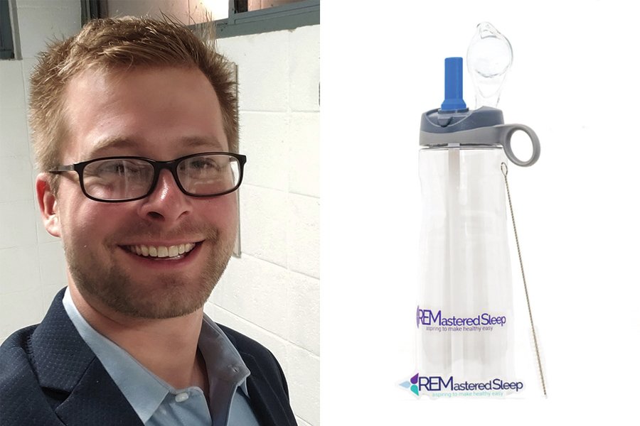 Portrait of Anders Olmanson and his invention, the REMplenish water bottle.