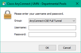 AnyConnect departmental pool selection. AnyConnect-CSE Full Tunnel is selected in the Group dropdown menu. Username and Password boxes are empty.