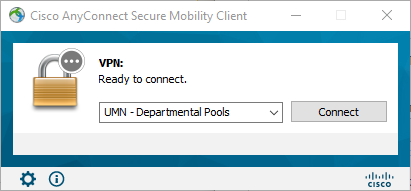 Cisco AnyConnect Secure Mobility Client. UMN - Department Pool is selected from the VPN dropdown menu.