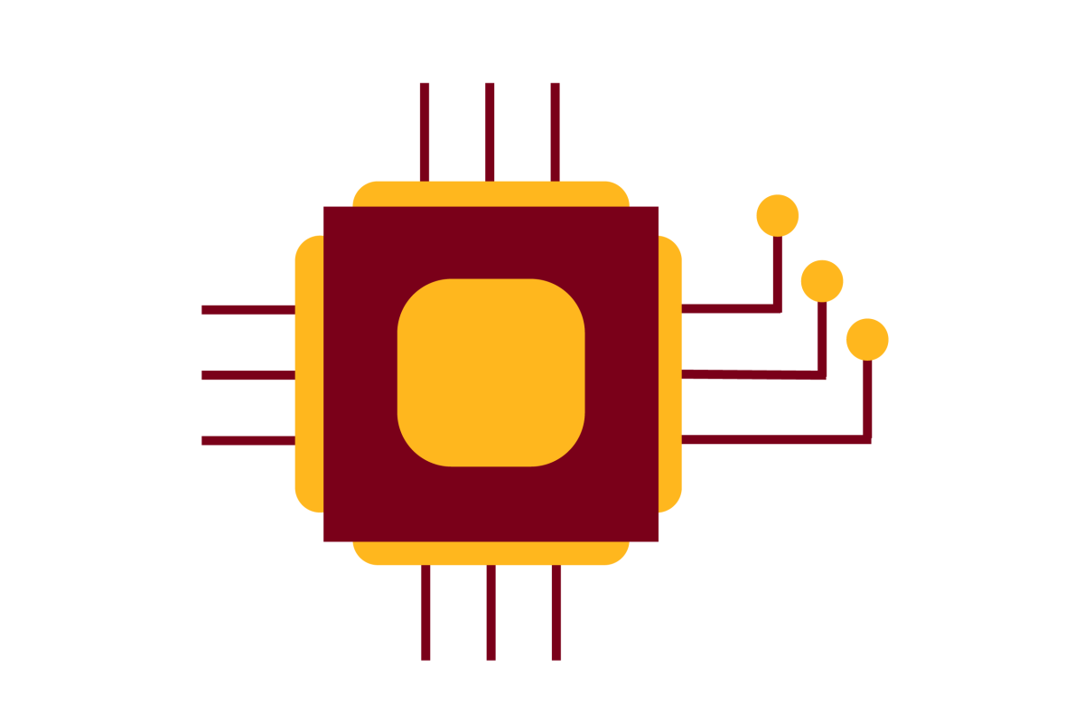 Maroon and gold lines with circles mimicking a circuit board