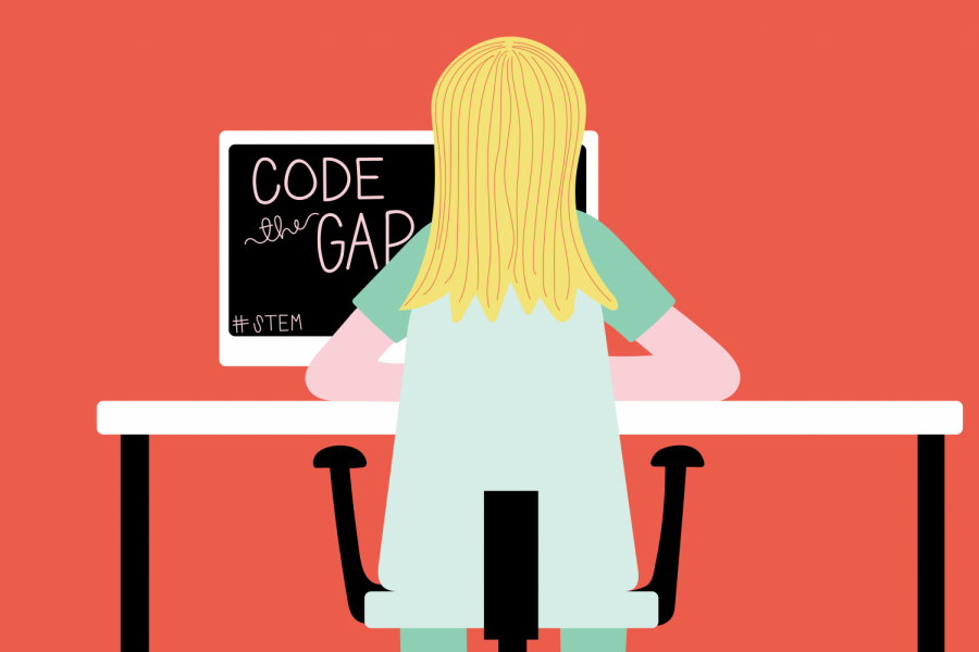 Illustration for a female sitting at a computer with the words "Code the Gap" on the screen