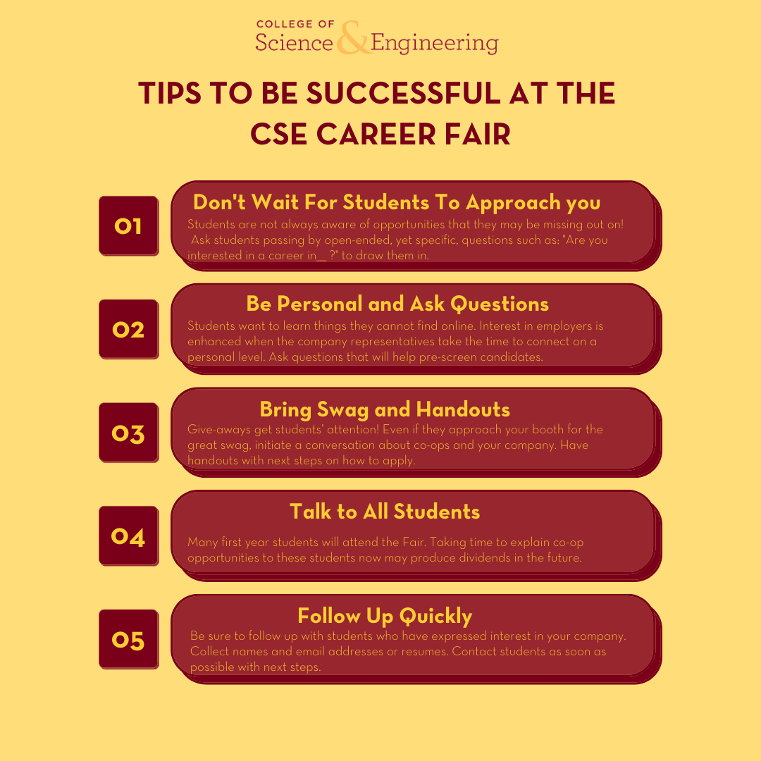 Career Fair Tips for Employers. 1. Don't wait for students to approach you. 2. Be personal and ask questions. 3. Bring swag or handouts 4. Talk to all students 5. Follow up quickly