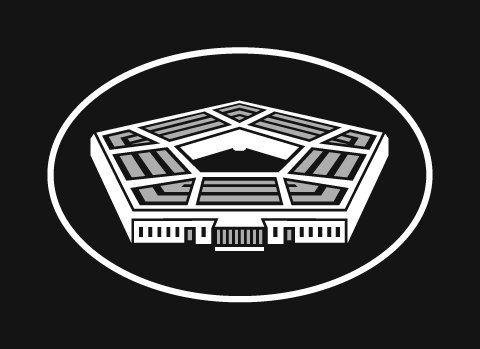 Department of Defense logo featuring a white outline drawing of the Pentagon with a circle around it on a black background