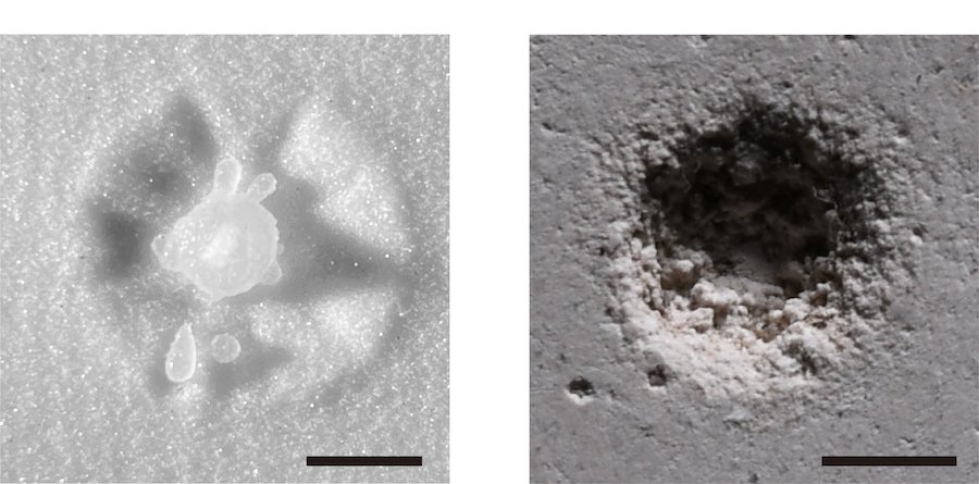 Two examples of erosion impact on granular sand (left) versus hard plaster (right)