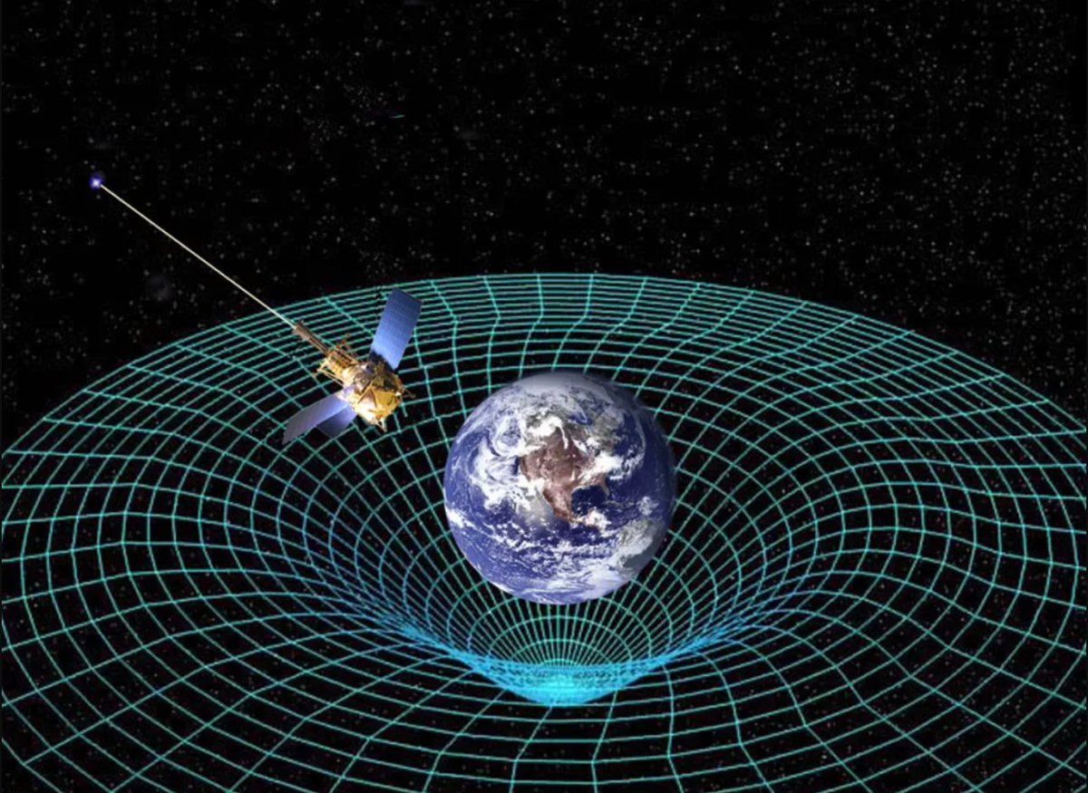 Space-time curvature shown through the analogy of the space-time fabric bent because of the mass of the earth