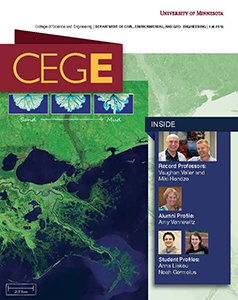cover art featuring a river delta to highlight the research of Vaughan Voller and Miki Hondzo (also pictured on the cover)