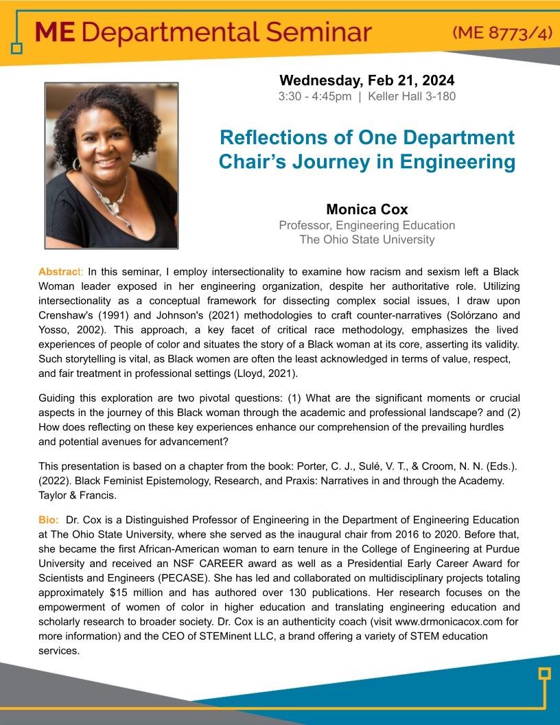 ME Seminar Flyer for 2/21/24 Speaker Monica Cox