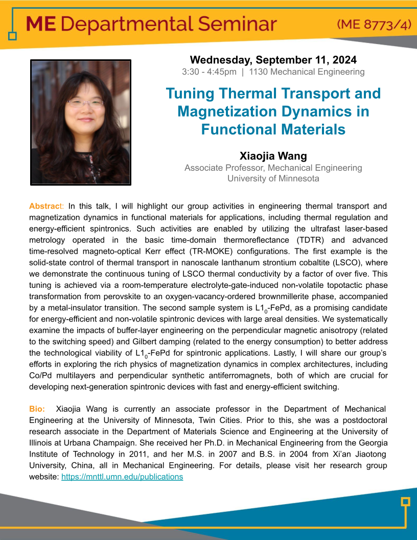 Xiaojia Wang's ME Dept Flyer with the title, abstract, bio and speaker's photo