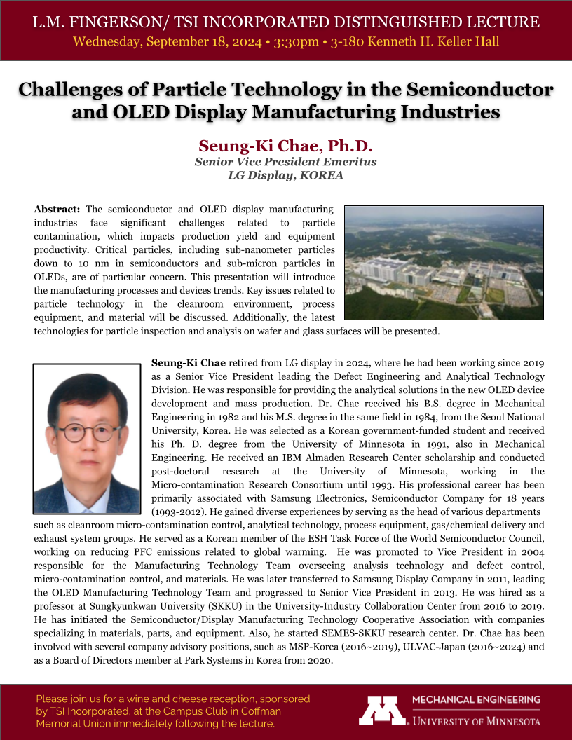 Dr. Seung-ki Chae's ME Dept Flyer with the title, abstract, bio and speaker's photo