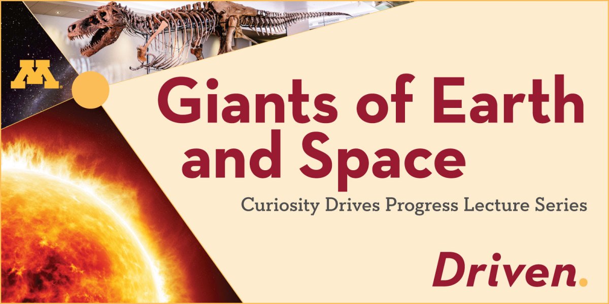 Banner with a picture of a dinosaur skeleton and the sun and the words "Giants of the Earth and Space"