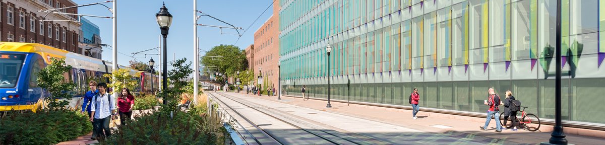 A panorama of University Ave. Visible is Amundson Hall and the Green Line lightrail.