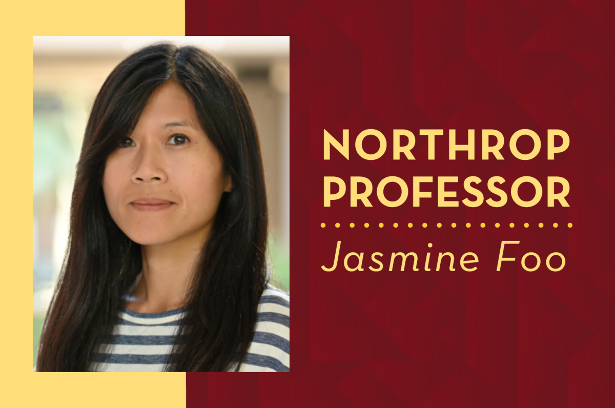 Photo of Jasmine Foo on Maroon and Gold background; "Northrop Professor"