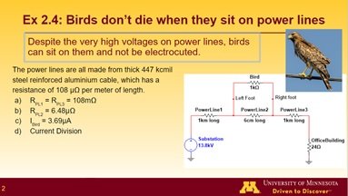 Slide in UMN colors of maroon and gold explaining why birds don't die when they sit on power lines