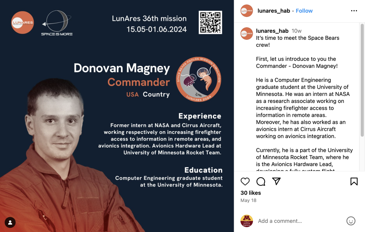 Graduate student Donovan Magney featured in an Instagram post from a  LunAres Analog Astronaut Mission. 