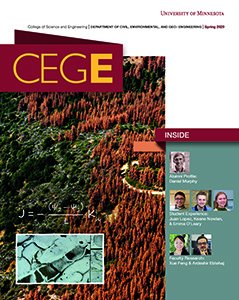Cover of the Spring 2020 issue illustrating the research of Xue Feng with a hillside of trees, some in distress from lack of water