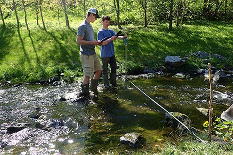 Students in river measuring water samples
