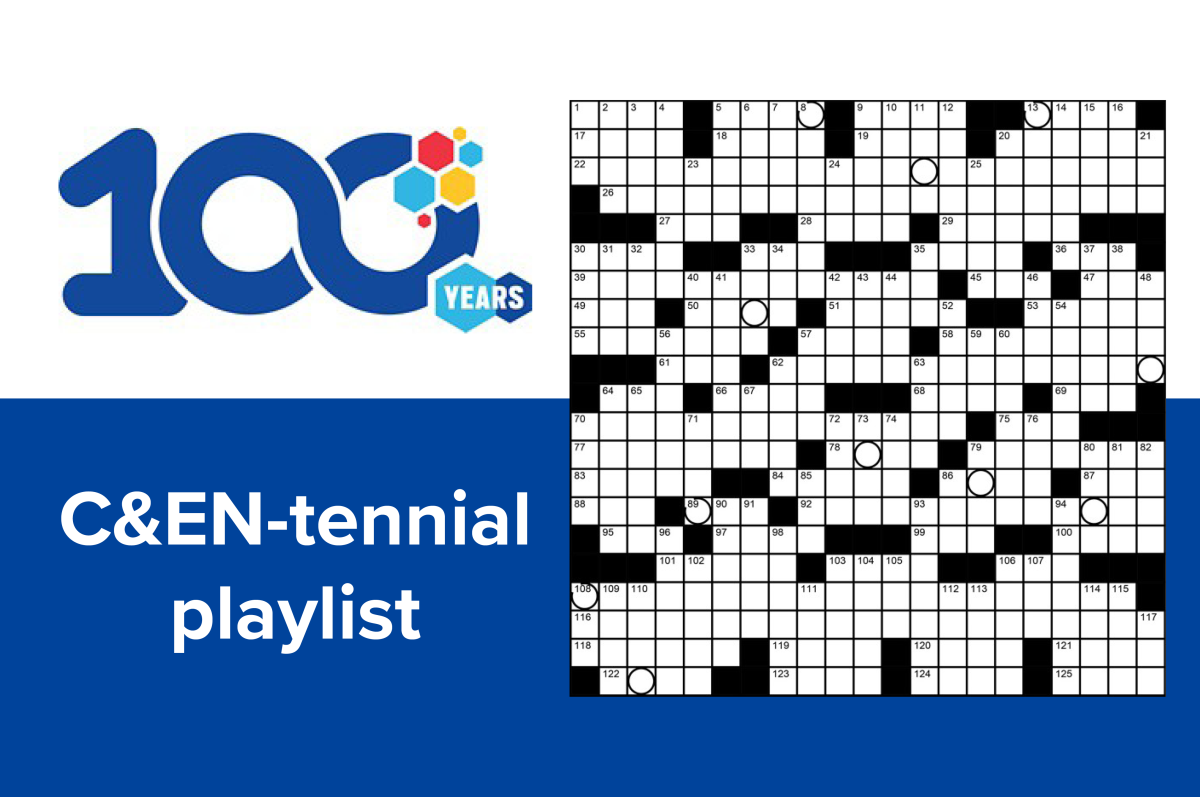 CEN-tennial Playlist graphic with an image of a crossword puzzle on a blue and white background.