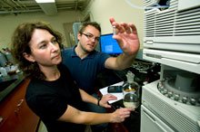 Paige Novak and her graduate student researcher Mark Lindgren in lab