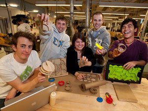 The "purple" team with its 3D printouts of toy components: (l-r) Matt Munson, Mac Cameron, Claire Rydeen, Andy Carlson, Arya Adiartha