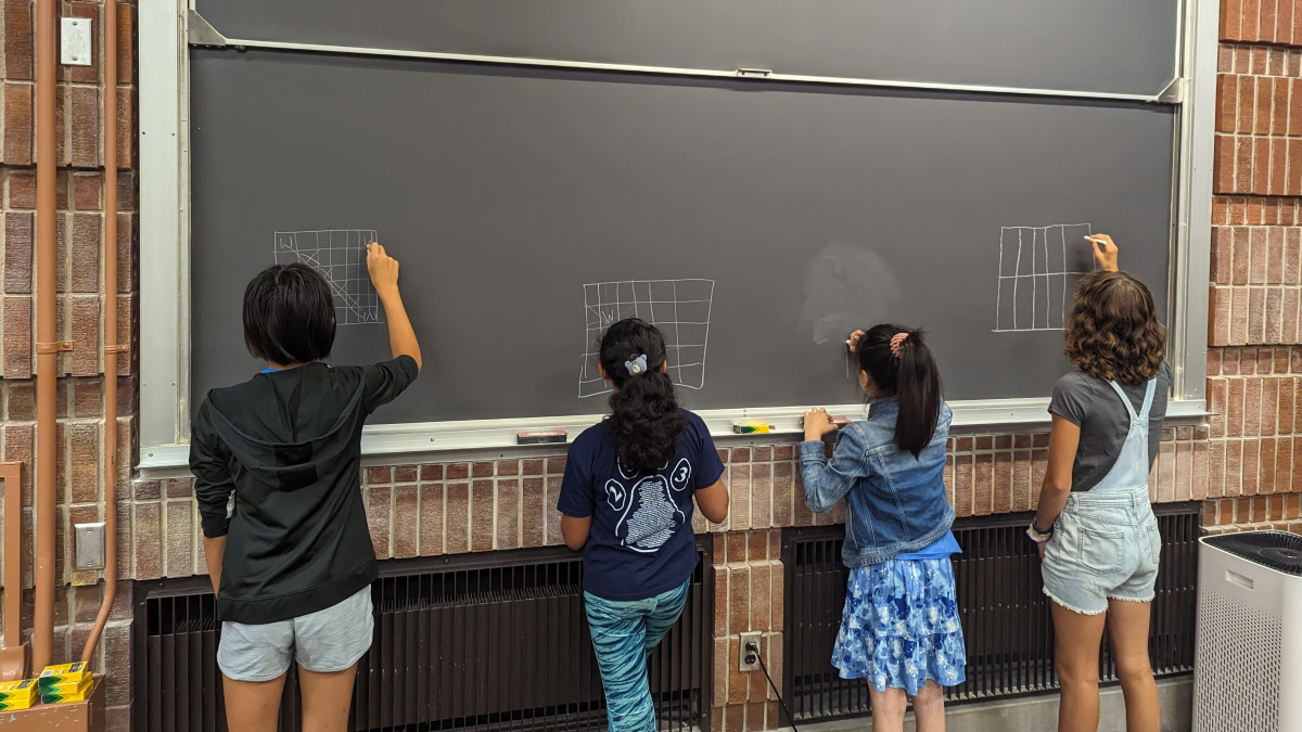 Four girls standing side by side doing math problems on a chalkboard