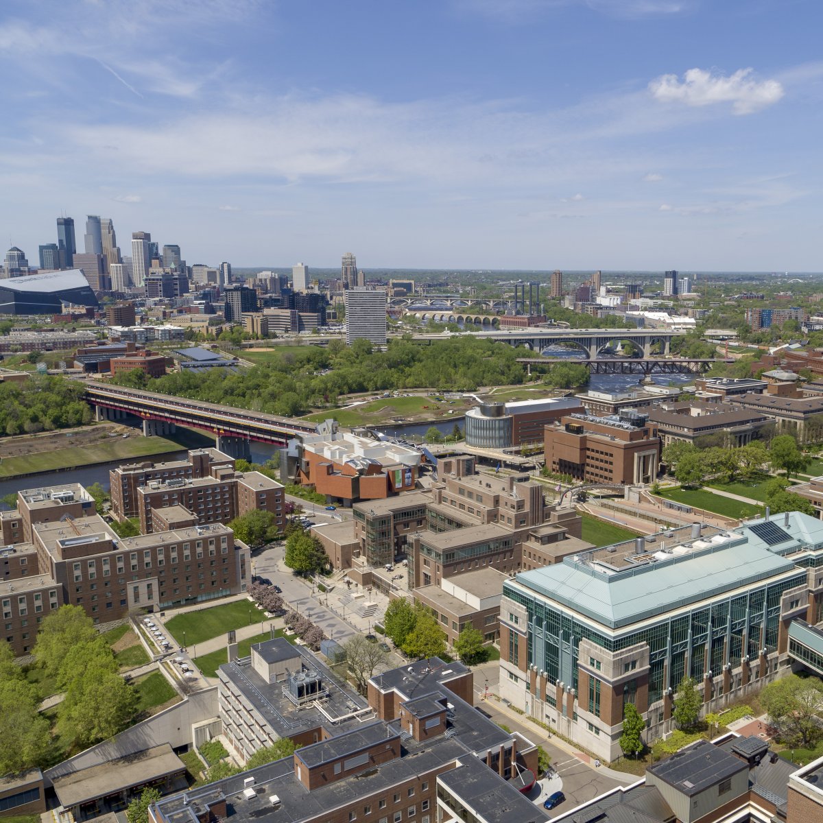 Aerial view of Minneapolis, taken from the Twin Cities campus (East Bank)