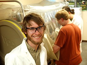 Graduate student Greg LeFevre conducts research in of the department’s many environmental engineering labs.  (Credit: Brad Stauffer)