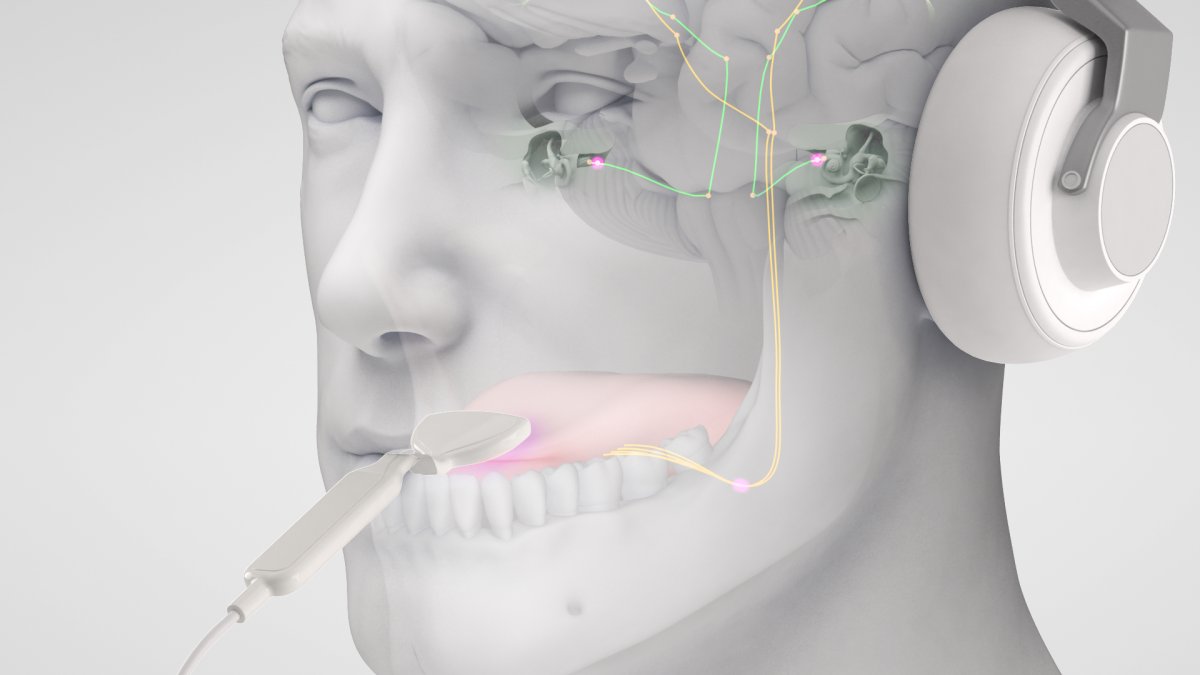 Rendering of person wearing headphones with a device in their mouth