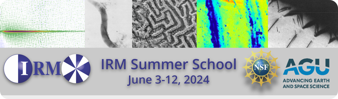 IRM 2024 Summer School Image, shows a FORC diagram, MTB chain, MFM map, QDM map, and MD domain images in magnetite.